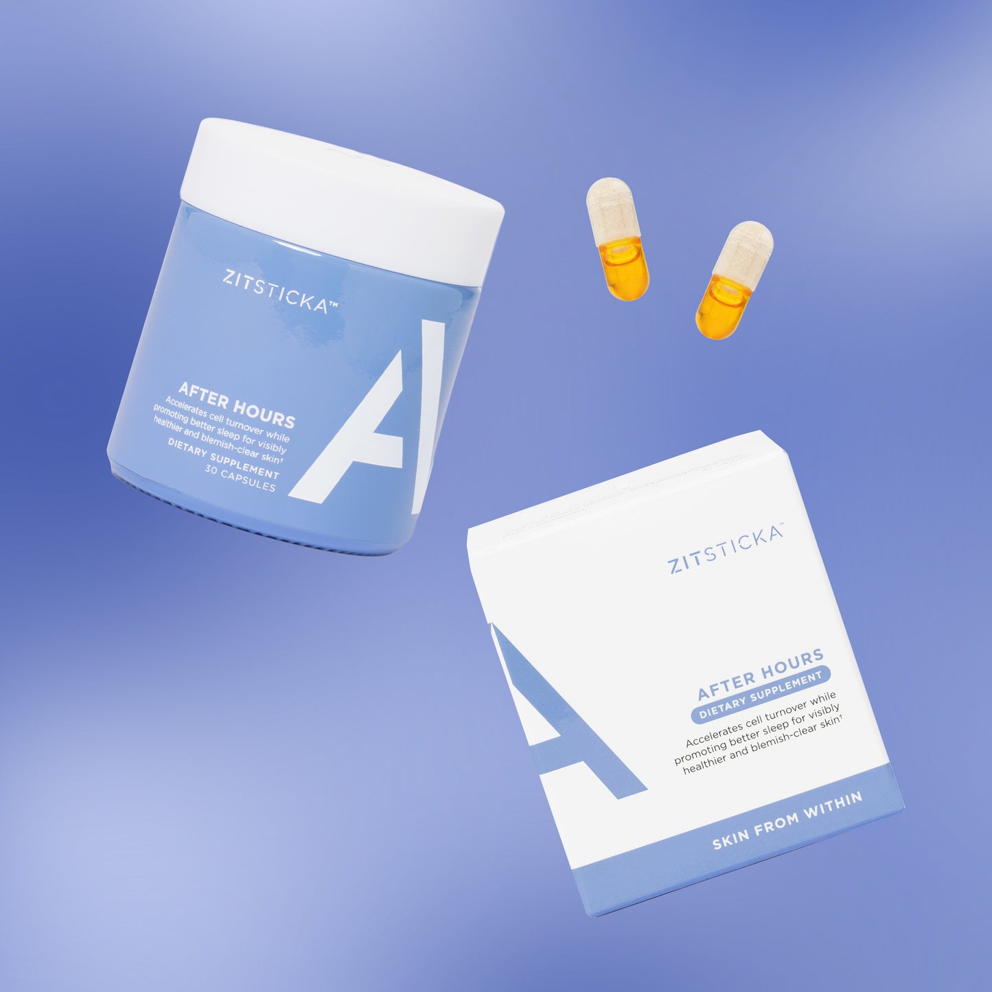 AFTER HOURS jar, white ZitSticka box, and two capsules for a glowing complexion on blue.