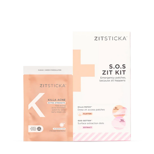 Zit Stoppers features pink and white acne patches in sleek, modern packaging.
