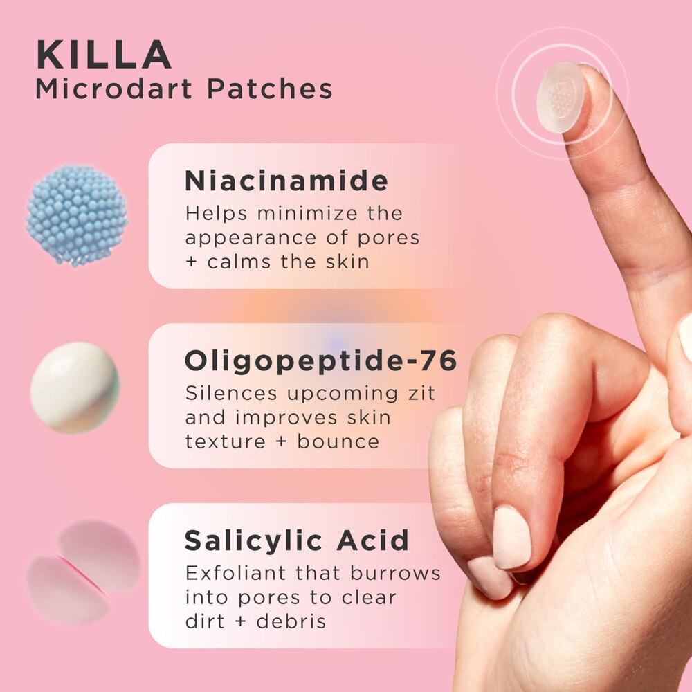 A finger holds a Free Gift: Zitsticka Gift Set as text lists benefits of Niacinamide, Oligopeptide-76, and Salicylic Acid.