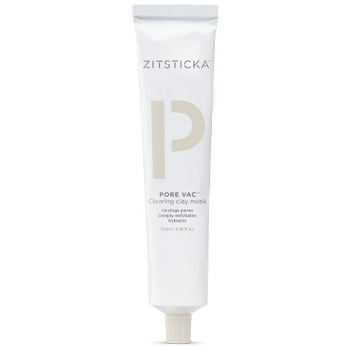 A white tube labeled PORE VAC Clearing Clay Mask stands upright on a plain background.