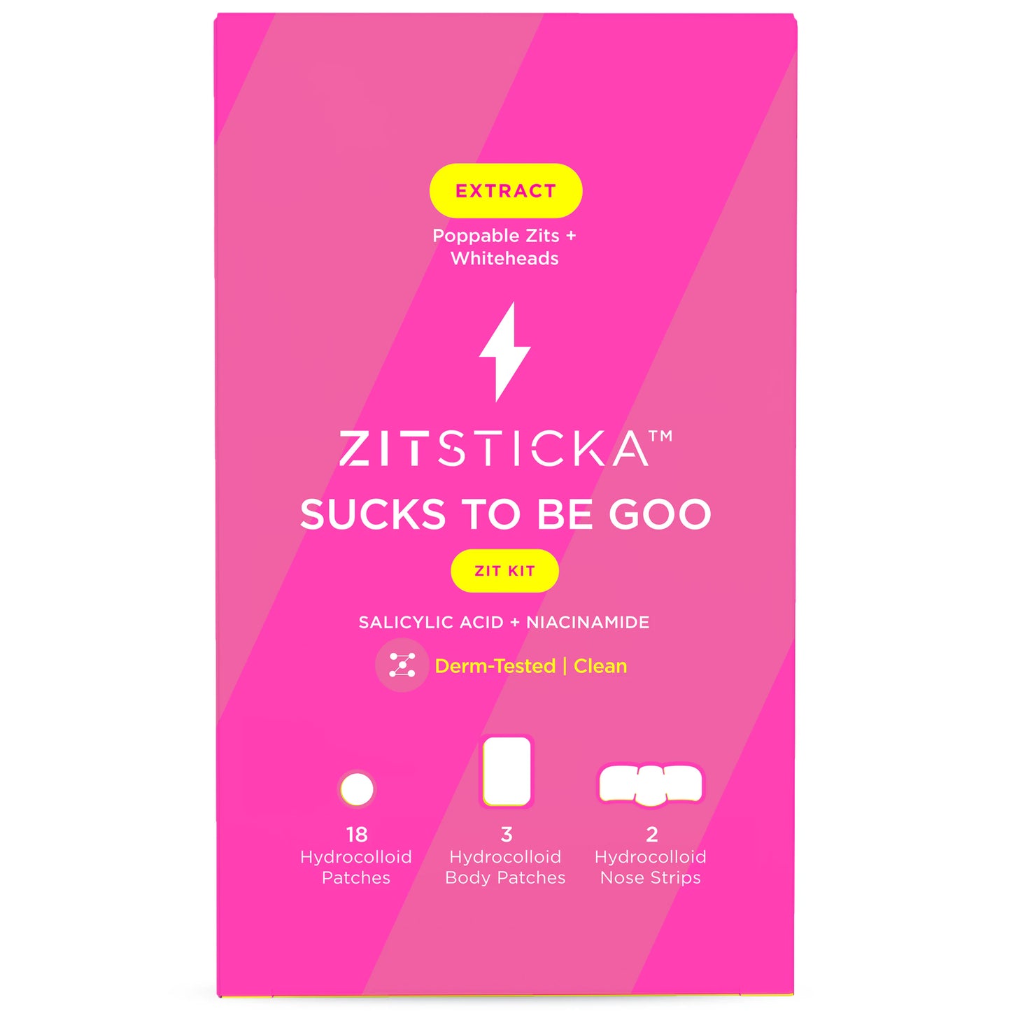A pink SUCKS TO BE GOO Kit box with hydrocolloid patch and strip icons.