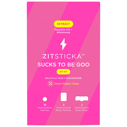 A pink SUCKS TO BE GOO Kit box with hydrocolloid patch and strip icons.