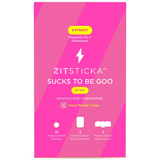A pink SUCKS TO BE GOO Kit box with hydrocolloid patch and strip icons.