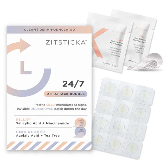 24/7 Zit Attack Bundle with KILLA patches, packets, and box shown on a white background.