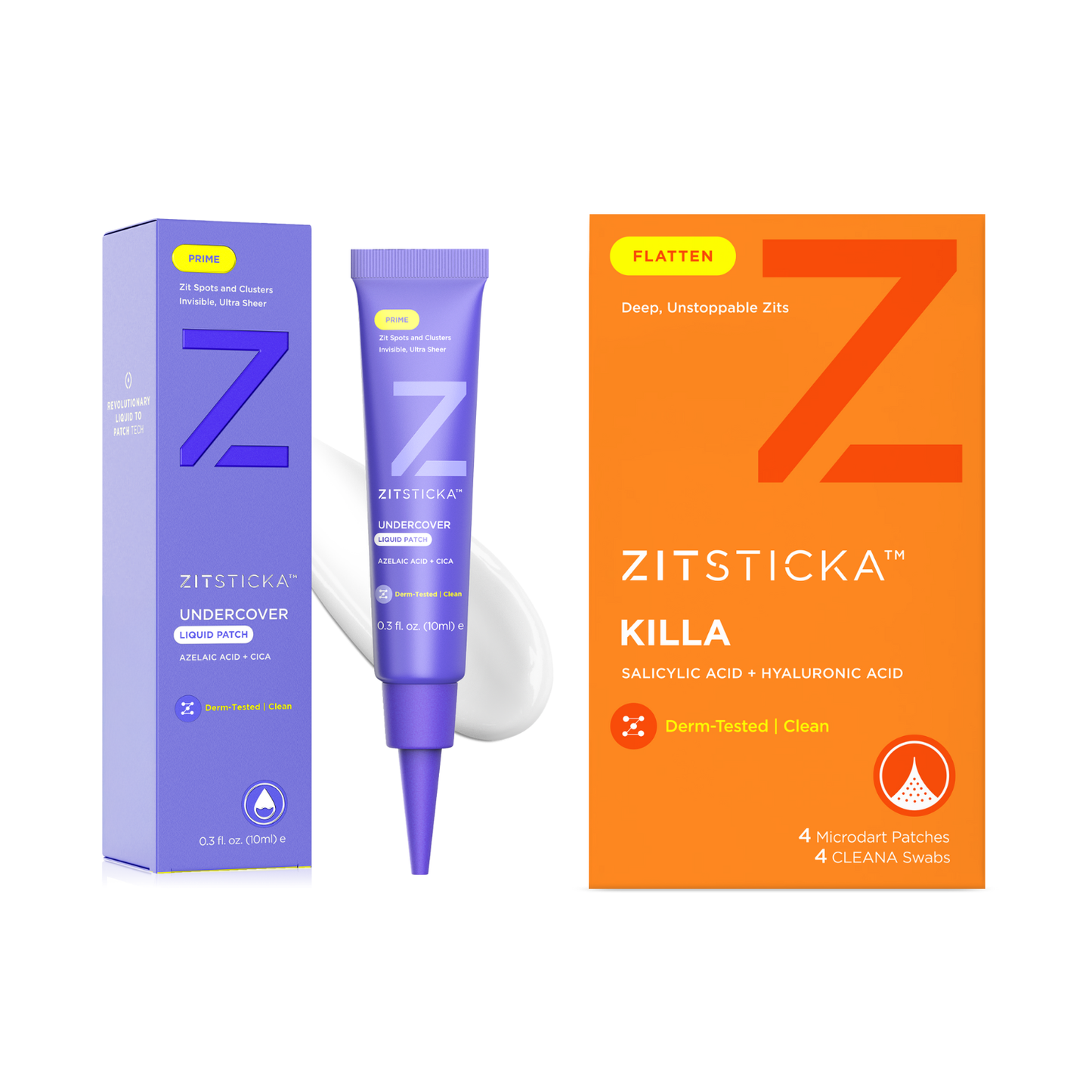 The Precision Clear Set, featuring ZitSticka's microdart and liquid pimple patches, on white background.