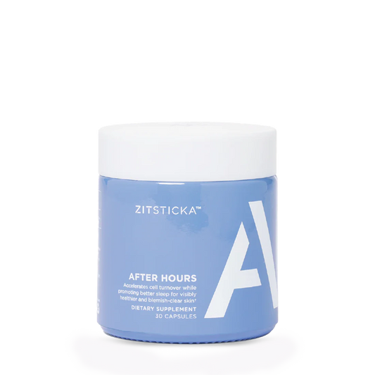 Blue jar labeled AFTER HOURS dietary supplement for glowing skin, 30 capsules, on white background.