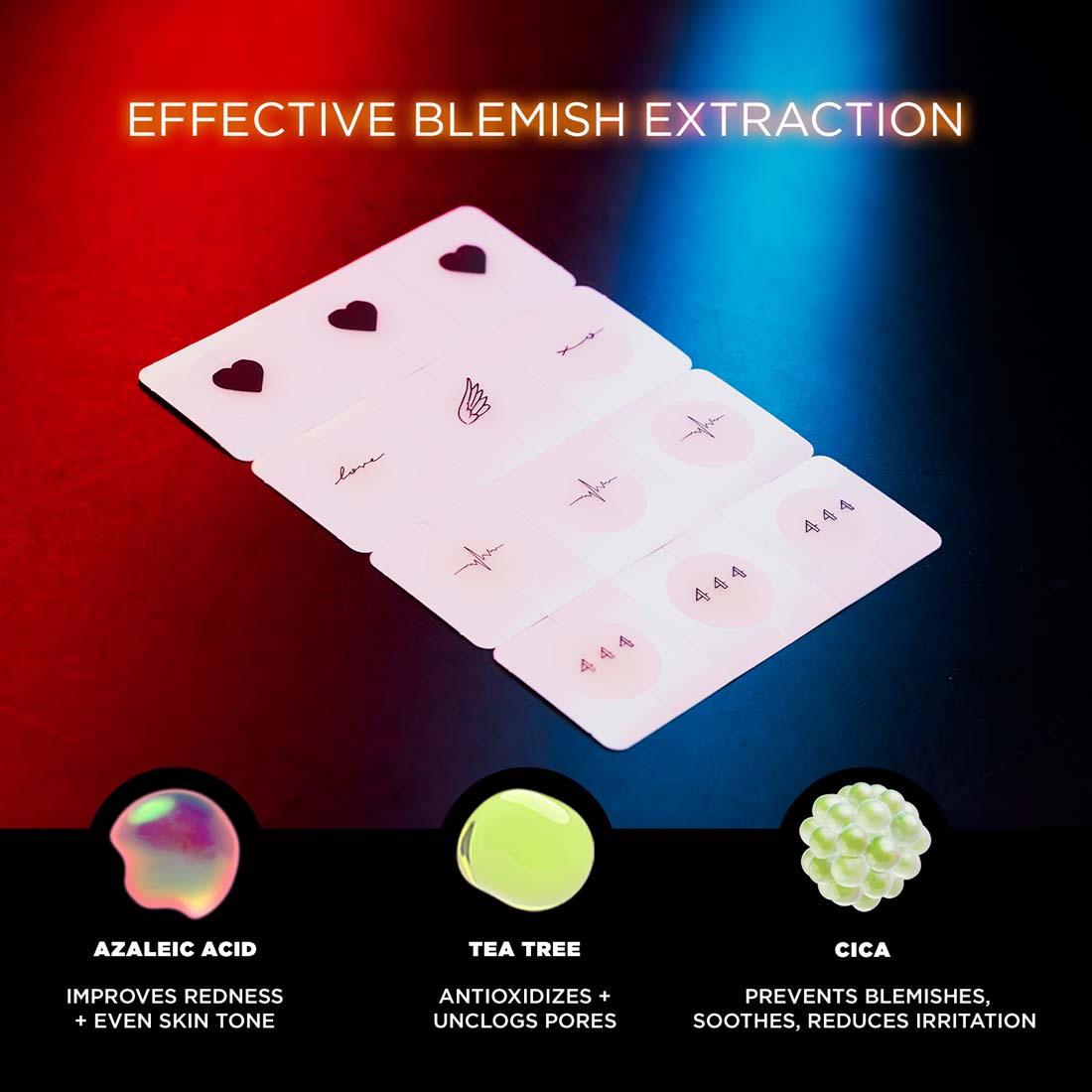 Zit Glam Pack hydrocolloid patches on a dark surface with azelaic acid, tea tree, and cica benefits.