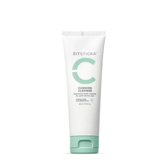 A tube of CUSHION CLEANSE balancing cleanser with hydrating acids on a white background.
