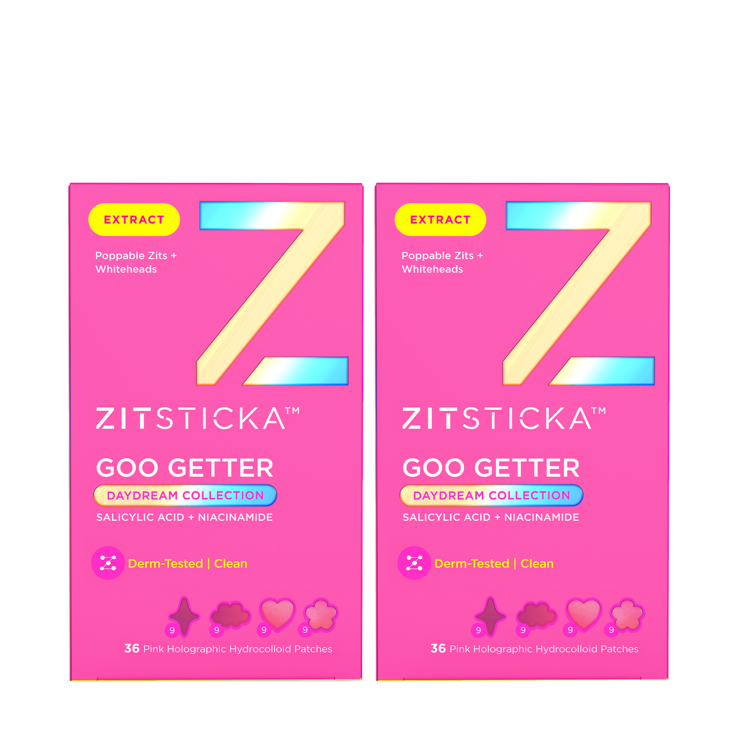 Two pink Goo Getter DreamHolo Collection boxes with holographic pimple patches and a yellow Z.