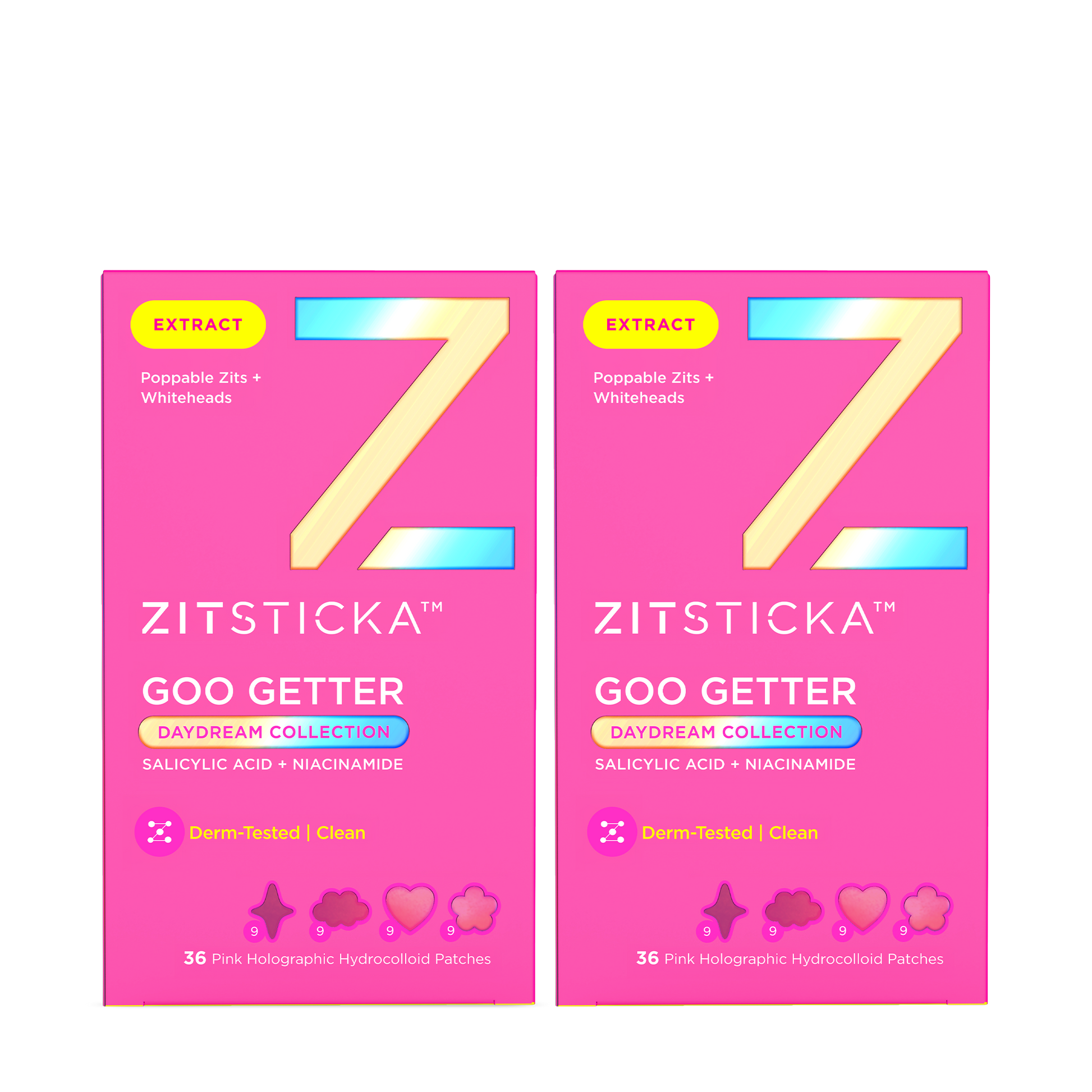Two pink Goo Getter DreamHolo Collection boxes with holographic pimple patches and a yellow Z.