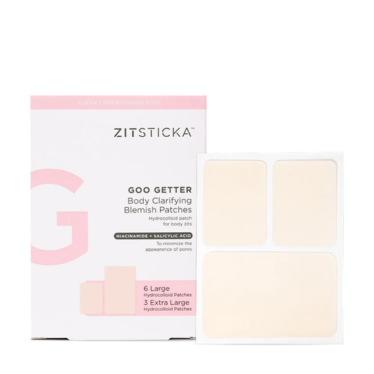 GOO GETTER Body features large hydrocolloid blemish patches for body breakouts.