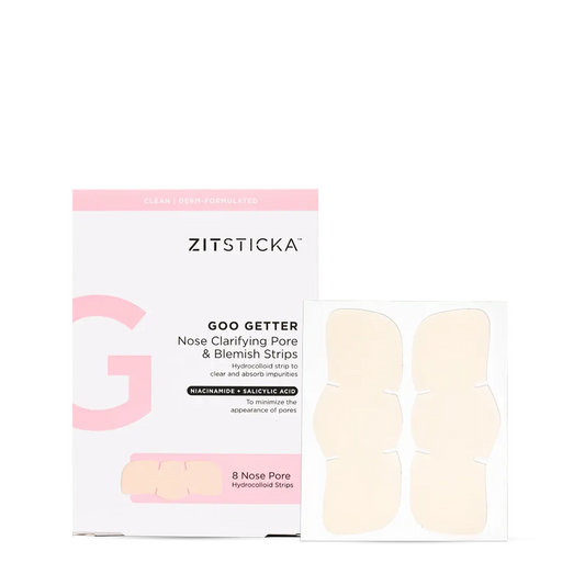 Box of GOO GETTERâ„¢ Nose strips for blackheads, with hydrocolloid strips shown beside it.