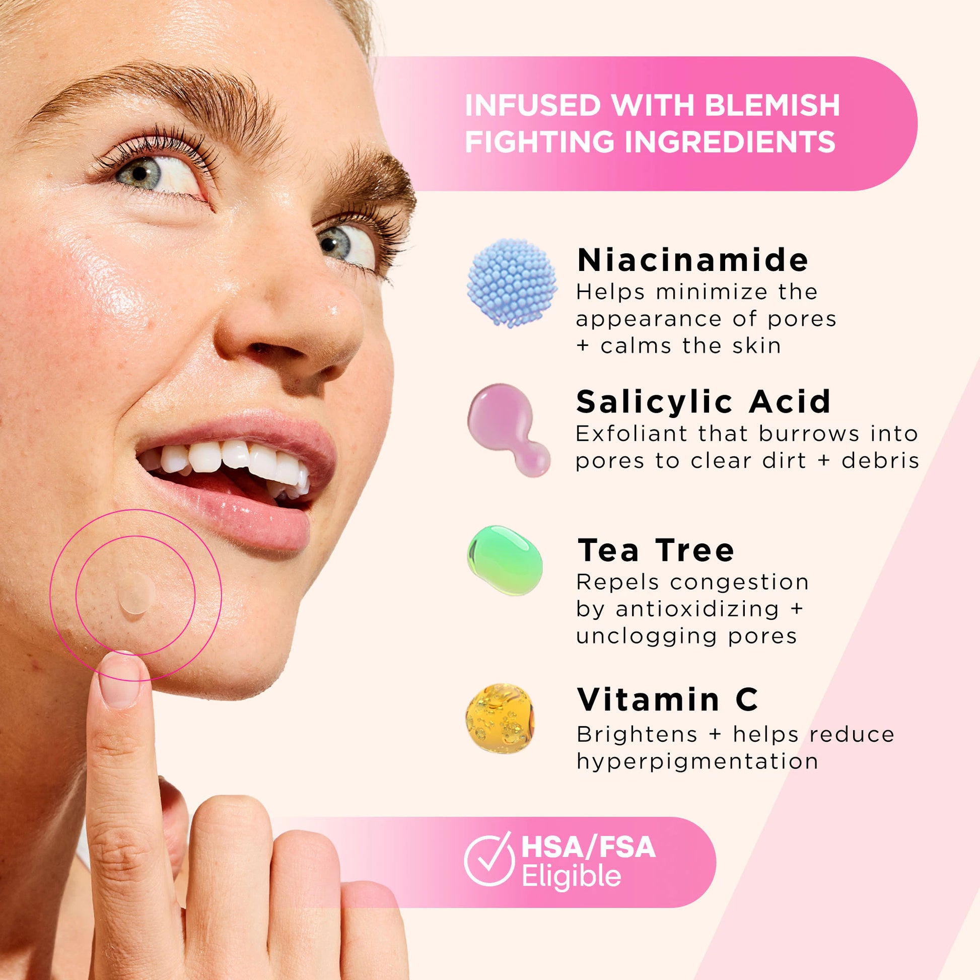 Smiling woman applies SUCKS TO BE GOO Kit pimple patch; hydrocolloid benefits shown beside her face.