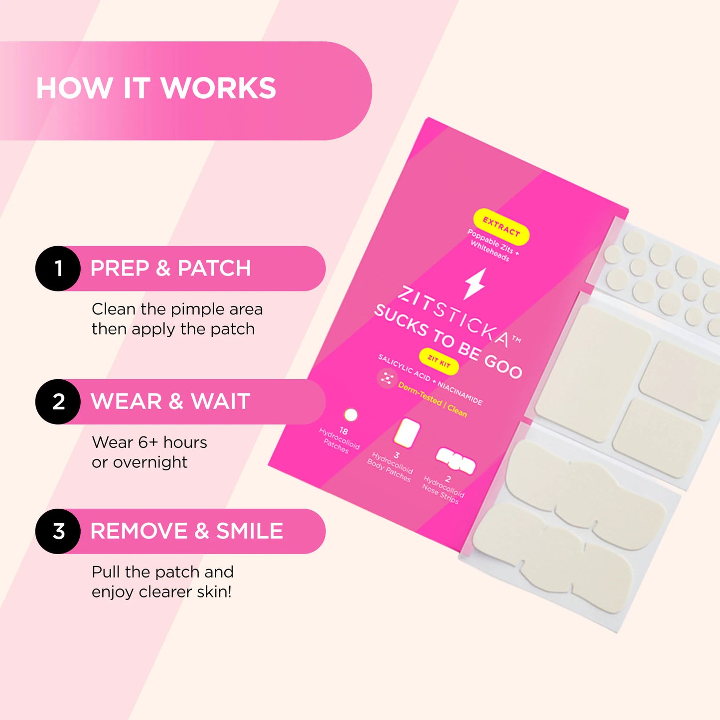 SUCKS TO BE GOO Kit: Prep, apply hydrocolloid patches, then remove for visibly clearer skin.