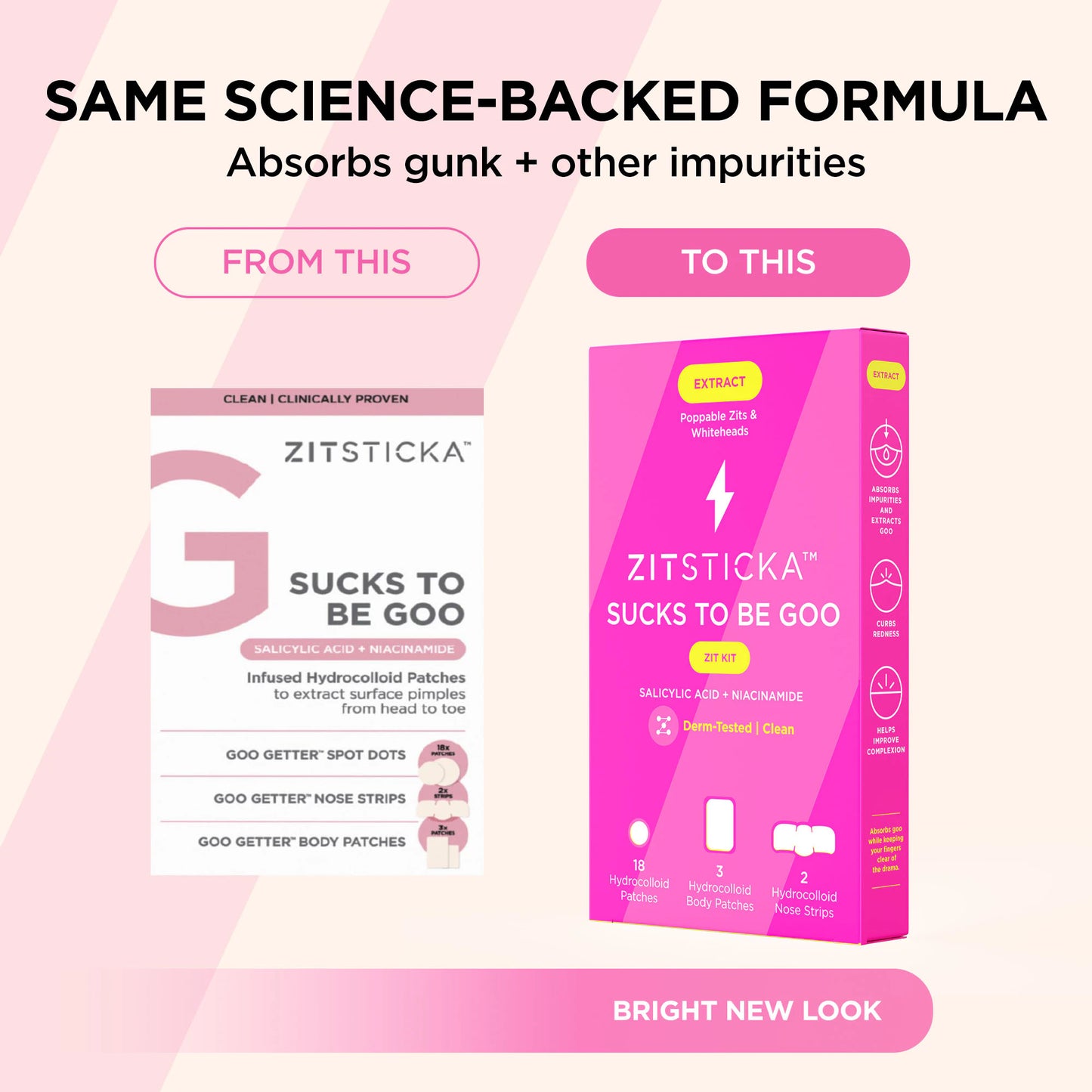 Side-by-side comparison of old and new SUCKS TO BE GOO Kit packaging with a bold, fresh look.