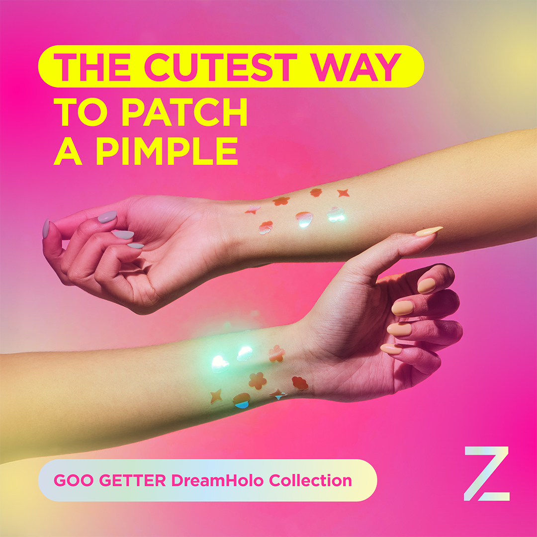 Two arms covered with Goo Getter DreamHolo Collection pimple patches in cute shapes on a pastel background.