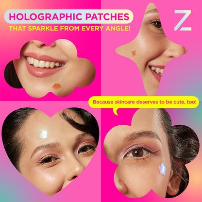Four smiling women in close-up wear Zit Glam Pack holographic pimple patches on bright pink backgrounds.