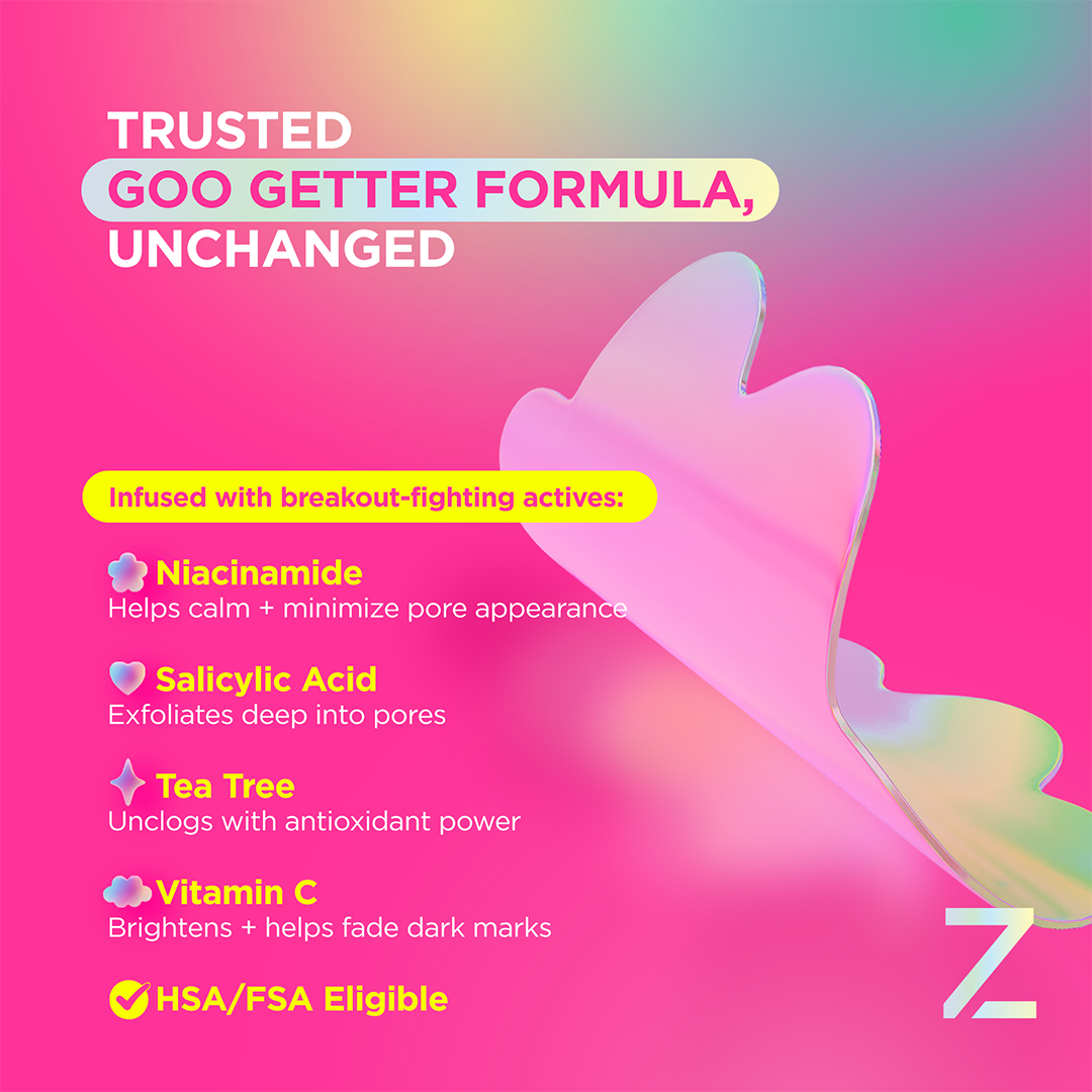 Pink and yellow ad features Goo Getter DreamHolo Collection zit-zapping actives and holographic patches.