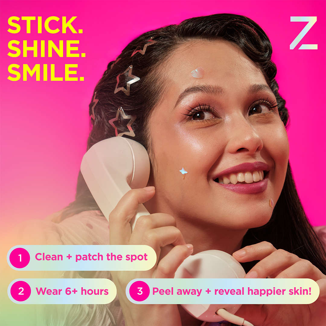 Smiling woman with star stickers, holding phone; bold yellow text promotes Goo Getter DreamHolo Collection.