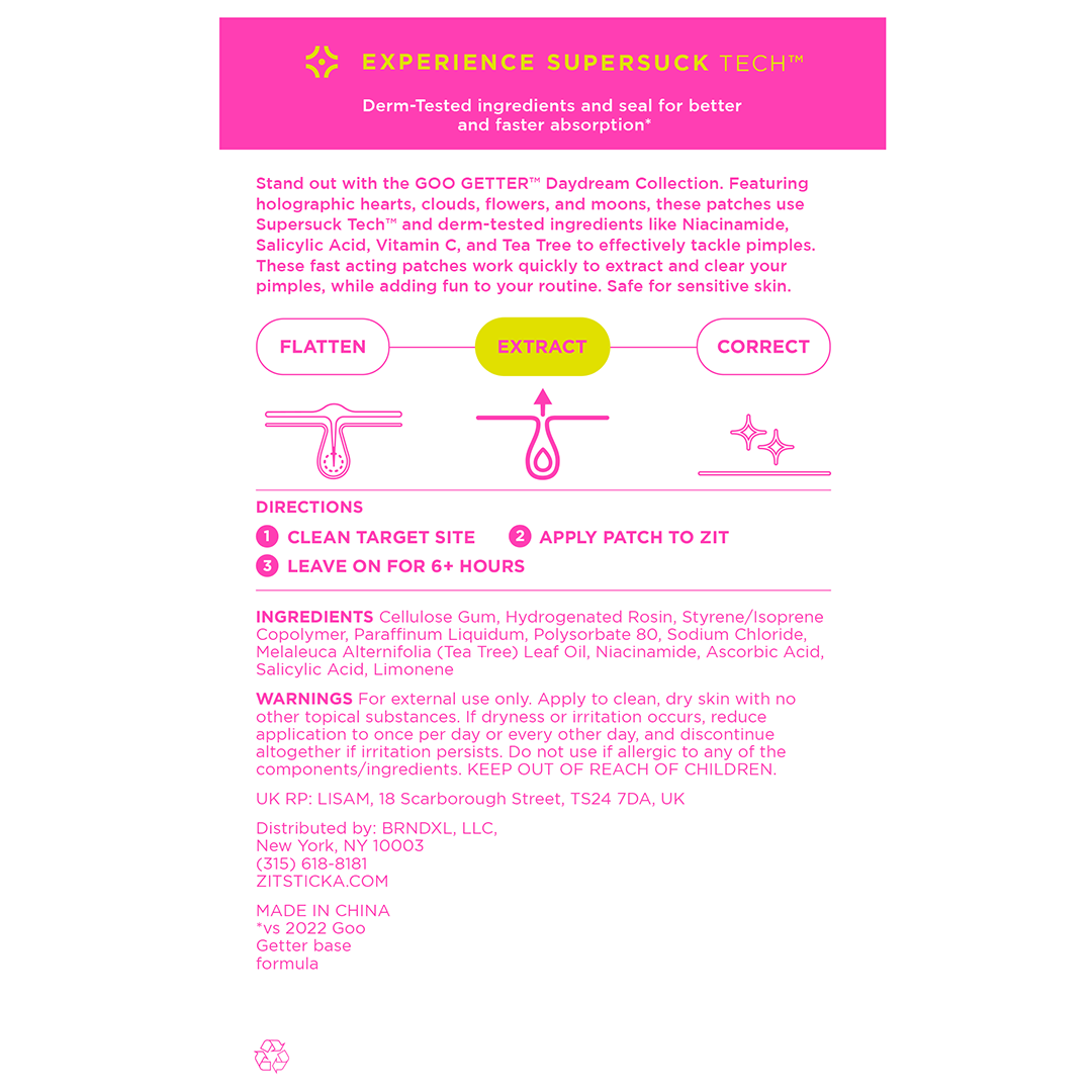 Instructional infographic for Goo Getter DreamHolo Collection—flatten, extract, and correct pimples.