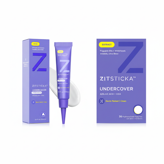 The Invisible Care Duo liquid pimple patch and tube for breakout-prone skin on a white background.