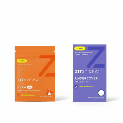The Low-Key Killa Kit includes two ZitSticka packets with hydrocolloid patches.