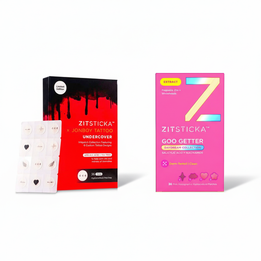 Two Zit Glam Pack boxes with hydrocolloid patches and patch sheets displayed beside each.