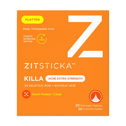 Bright orange box of KILLA ACNE Extra Strength Microdart Patches with bold text on the front.