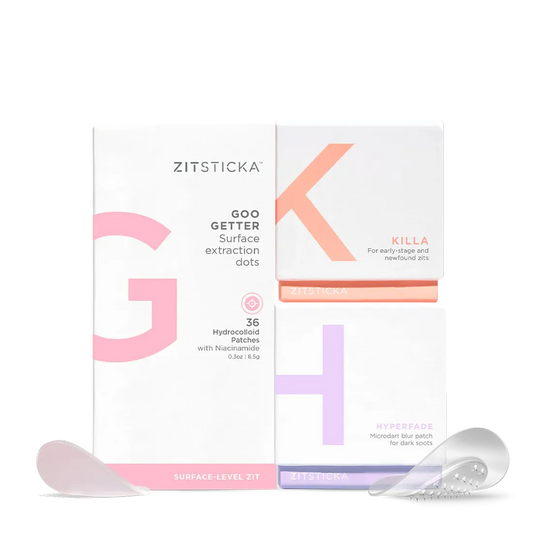 Three PATCH IT UP hydrocolloid patch packs by ZitSticka displayed in front of their packaging.