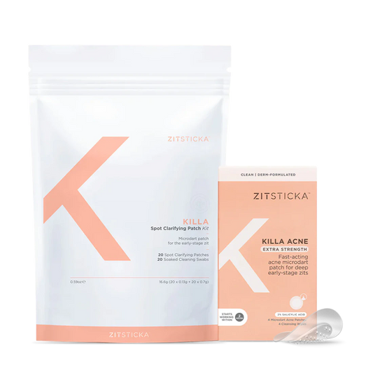 White and peach POWER COUPLE kit with acne patches, wipes, and a small clear tool displayed.