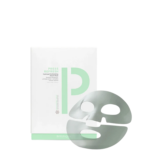 PRESS REFRESH sheet mask for acne-prone skin in green and white packaging.
