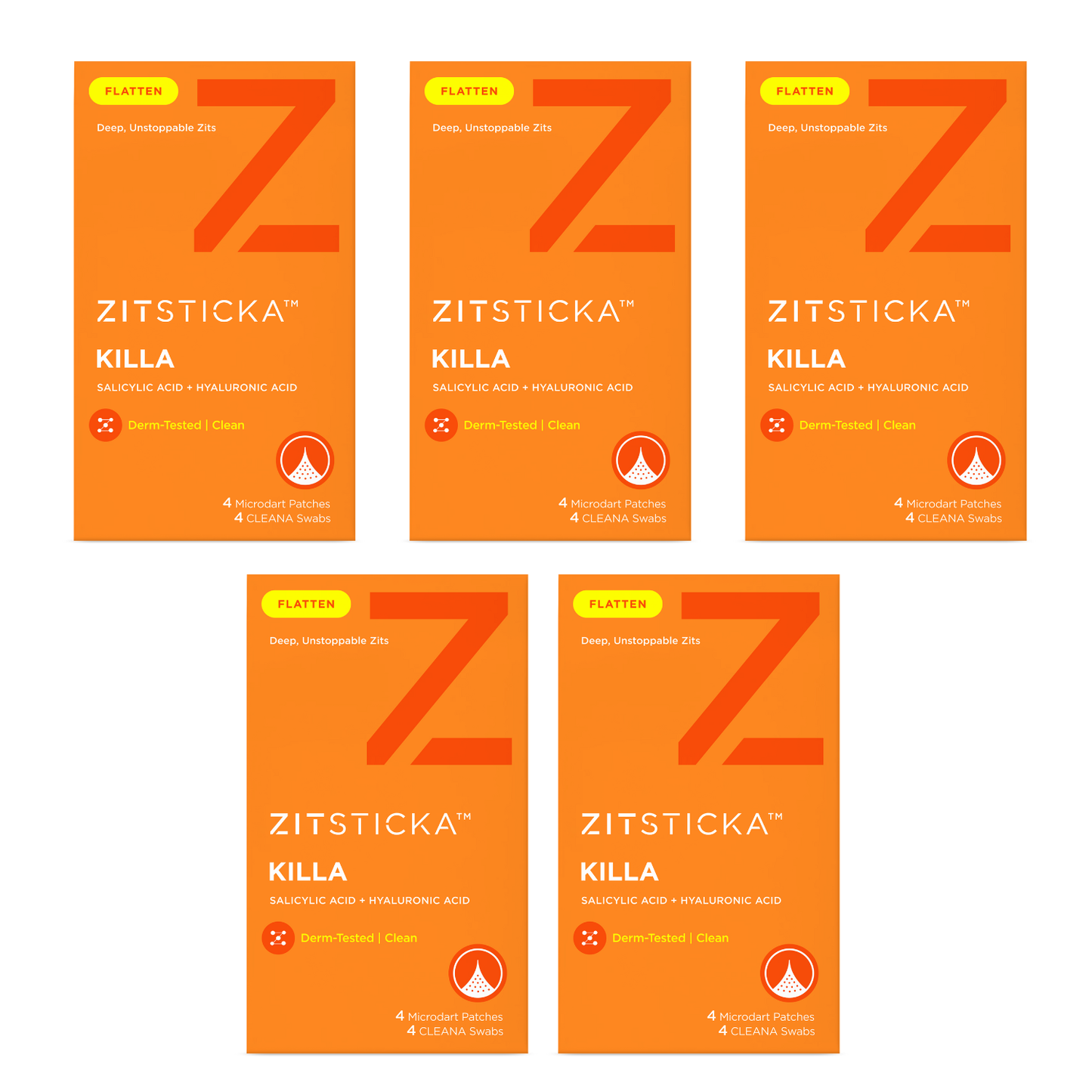 Five orange KILLA Kit pimple patches with microdarts arranged in a grid on a white background.