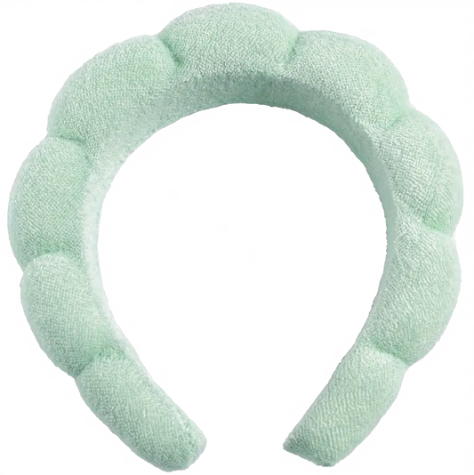 Mint green Free Headband on Feb Purchase features padded, scalloped clouds on white background.